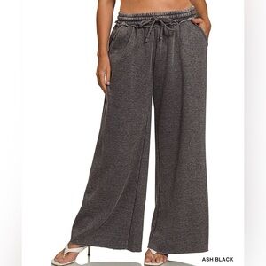 PLUS ACID WASH FLEECE PALAZZO SWEATPANTS WITH POCKETS ash black